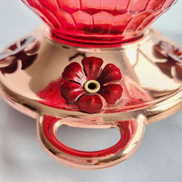 Hummingbird Feeder Red Honeycomb Design Rose Gold Base Dark Red Flower Holes - Picture 3 of 9